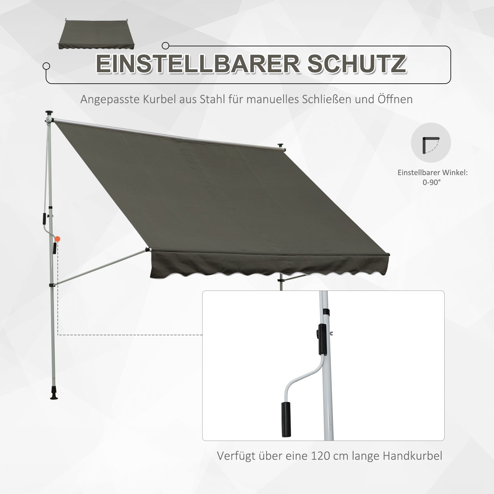 Clamp Awning with Hand Crank Adjustable Height Retractable Arm Awning Dirt-resistant, Weather-resistant Balcony Awning 150cm wide Patio Awning for Terrace Balcony Porch Gray