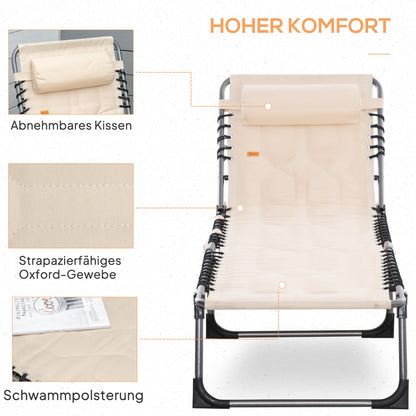 Sun Lounger, Foldable Garden Lounger with Head Pillow, Side Pocket, Sunbed with 5-Position Adjustable Backrest, Weatherproof Camping Lounger up to 130 kg load capacity, for Garden Beach Pool, Beige