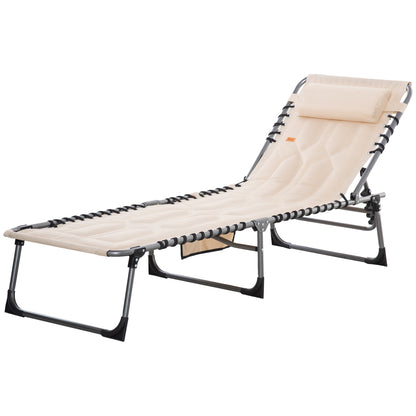 Sun Lounger, Foldable Garden Lounger with Head Pillow, Side Pocket, Sunbed with 5-Position Adjustable Backrest, Weatherproof Camping Lounger up to 130 kg load capacity, for Garden Beach Pool, Beige
