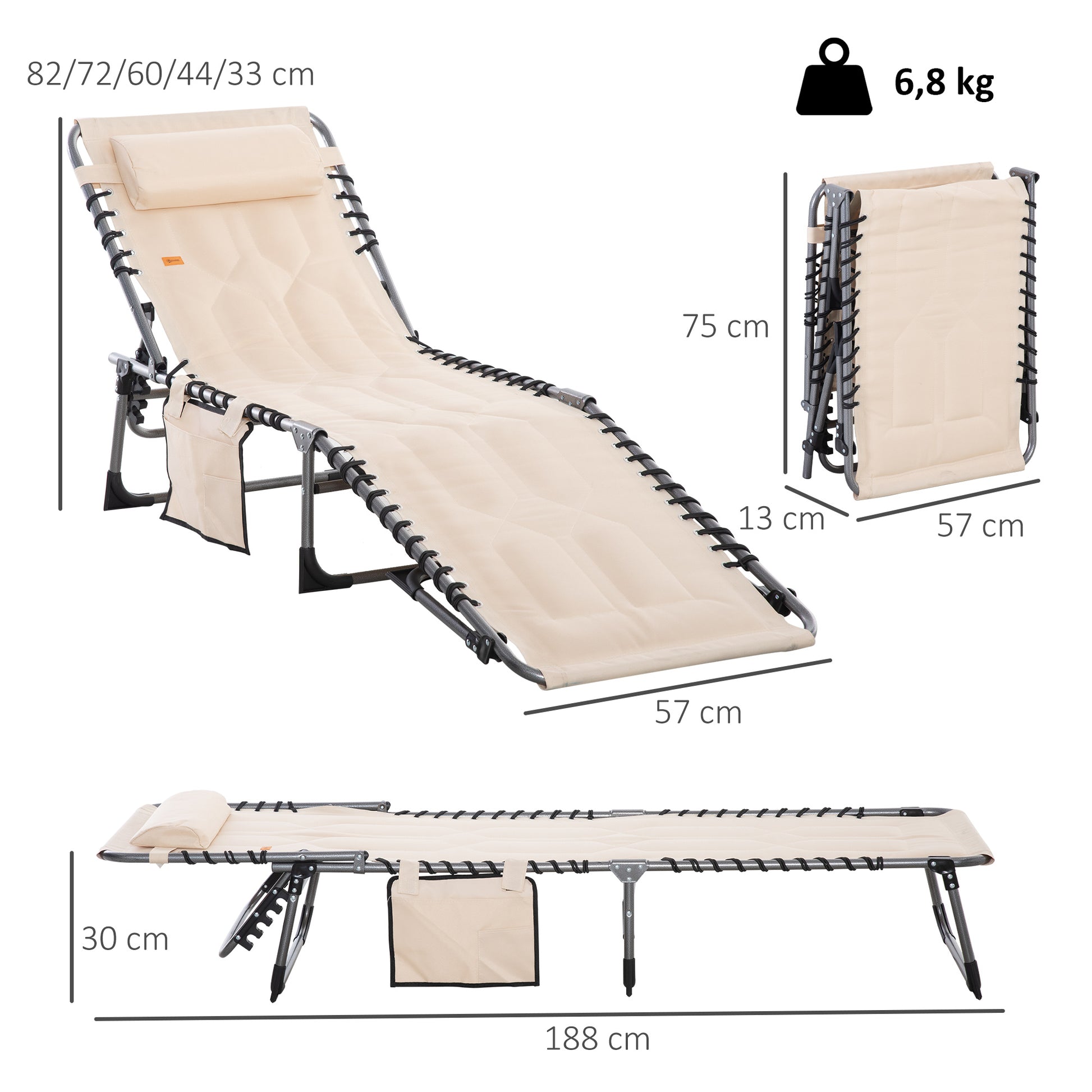 Sun Lounger, Foldable Garden Lounger with Head Pillow, Side Pocket, Sunbed with 5-Position Adjustable Backrest, Weatherproof Camping Lounger up to 130 kg load capacity, for Garden Beach Pool, Beige