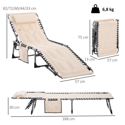 Sun Lounger, Foldable Garden Lounger with Head Pillow, Side Pocket, Sunbed with 5-Position Adjustable Backrest, Weatherproof Camping Lounger up to 130 kg load capacity, for Garden Beach Pool, Beige
