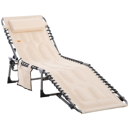Sun Lounger, Foldable Garden Lounger with Head Pillow, Side Pocket, Sunbed with 5-Position Adjustable Backrest, Weatherproof Camping Lounger up to 130 kg load capacity, for Garden Beach Pool, Beige