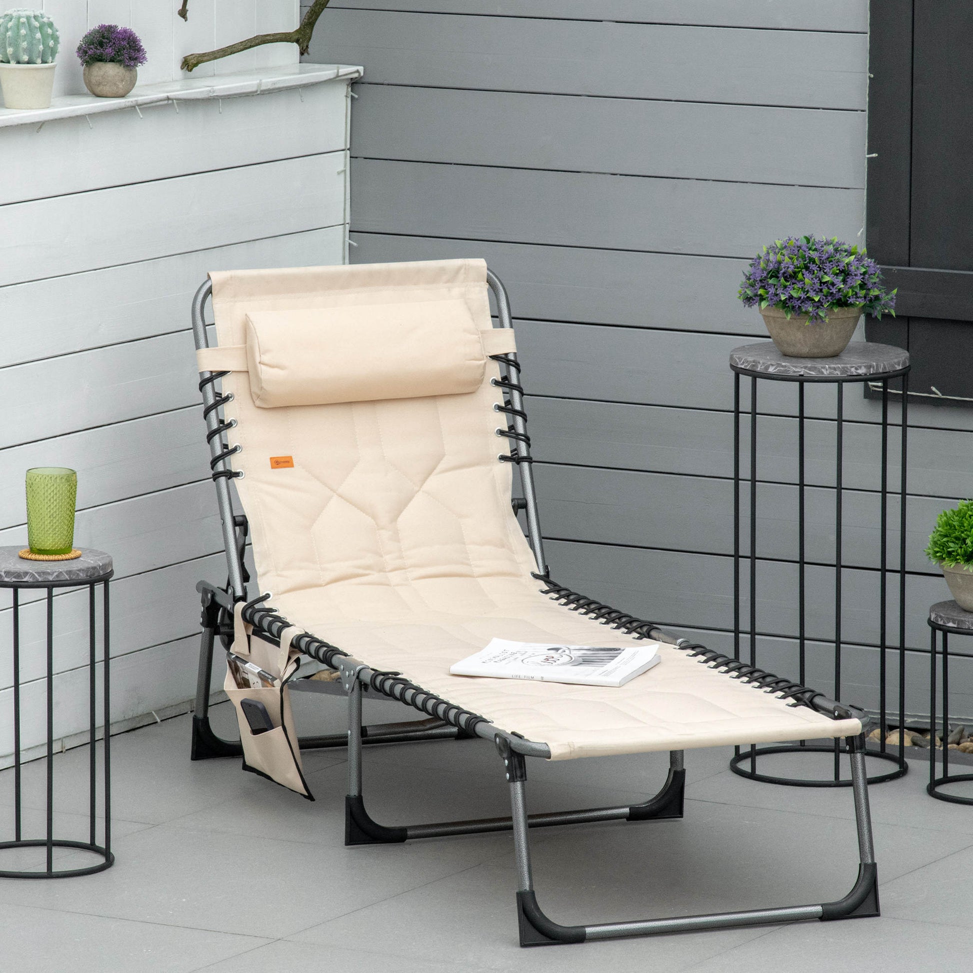 Sun Lounger, Foldable Garden Lounger with Head Pillow, Side Pocket, Sunbed with 5-Position Adjustable Backrest, Weatherproof Camping Lounger up to 130 kg load capacity, for Garden Beach Pool, Beige