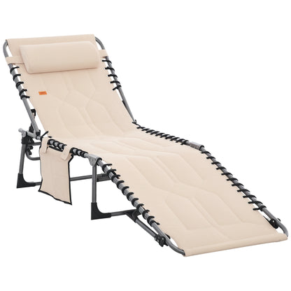 Sun Lounger, Foldable Garden Lounger with Head Pillow, Side Pocket, Sunbed with 5-Position Adjustable Backrest, Weatherproof Camping Lounger up to 130 kg load capacity, for Garden Beach Pool, Beige