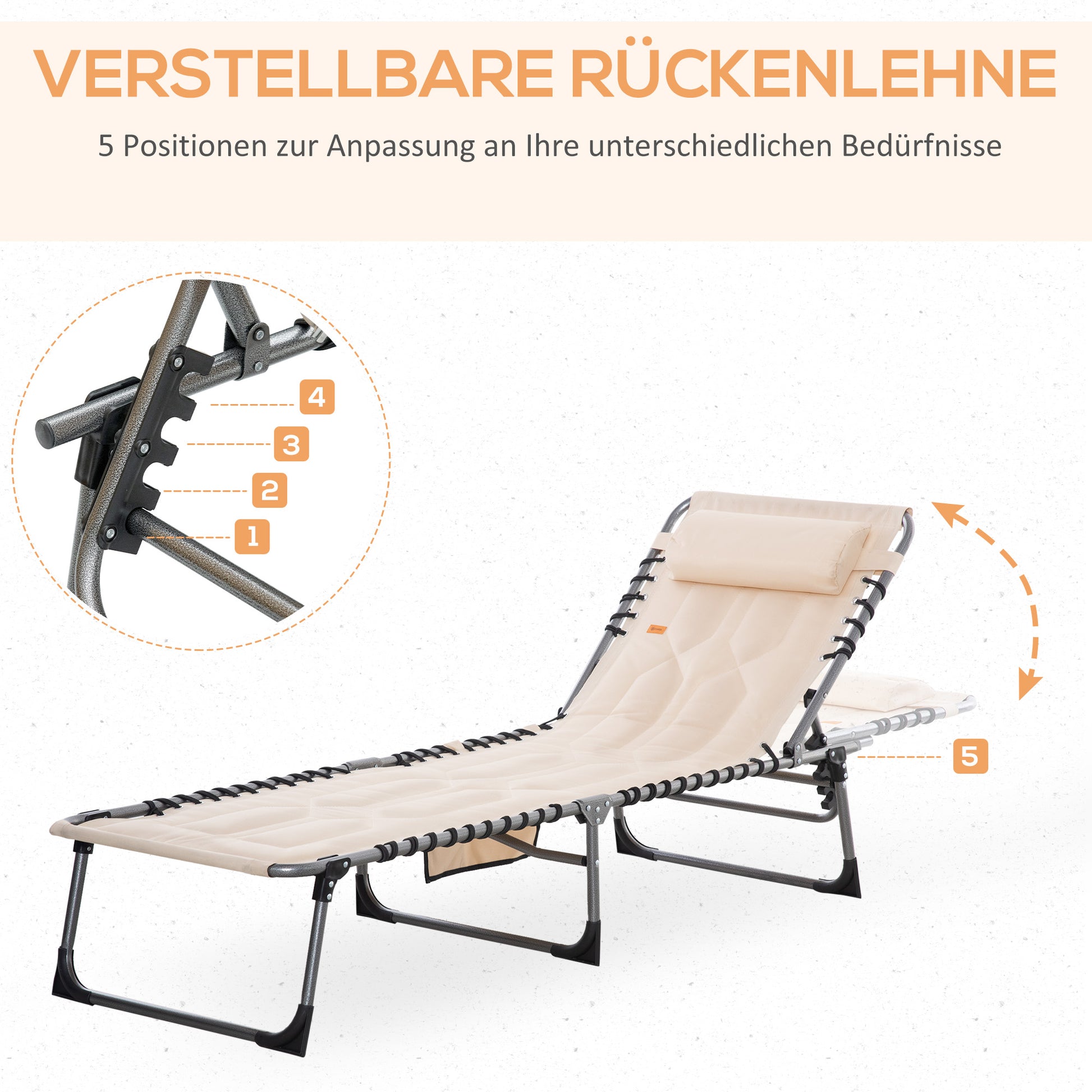 Sun Lounger, Foldable Garden Lounger with Head Pillow, Side Pocket, Sunbed with 5-Position Adjustable Backrest, Weatherproof Camping Lounger up to 130 kg load capacity, for Garden Beach Pool, Beige