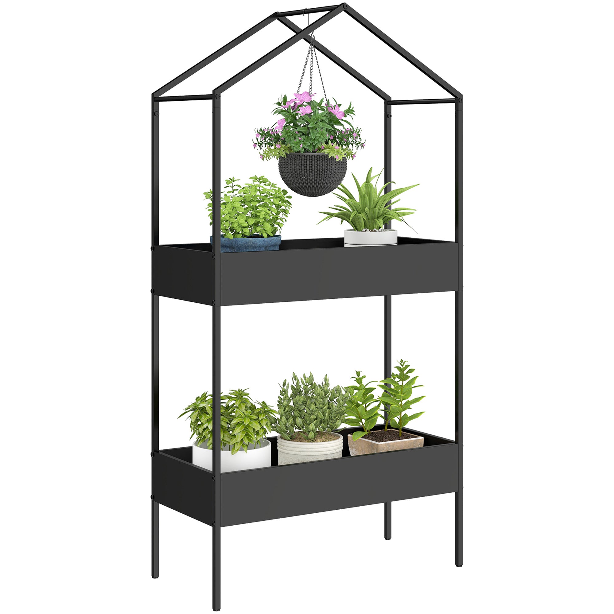 2-Tier House-Shaped Plant Stand with Hook, 150 cm (59 in) High, Metal Pot Shelves for Garden, Balcony & Home, Black