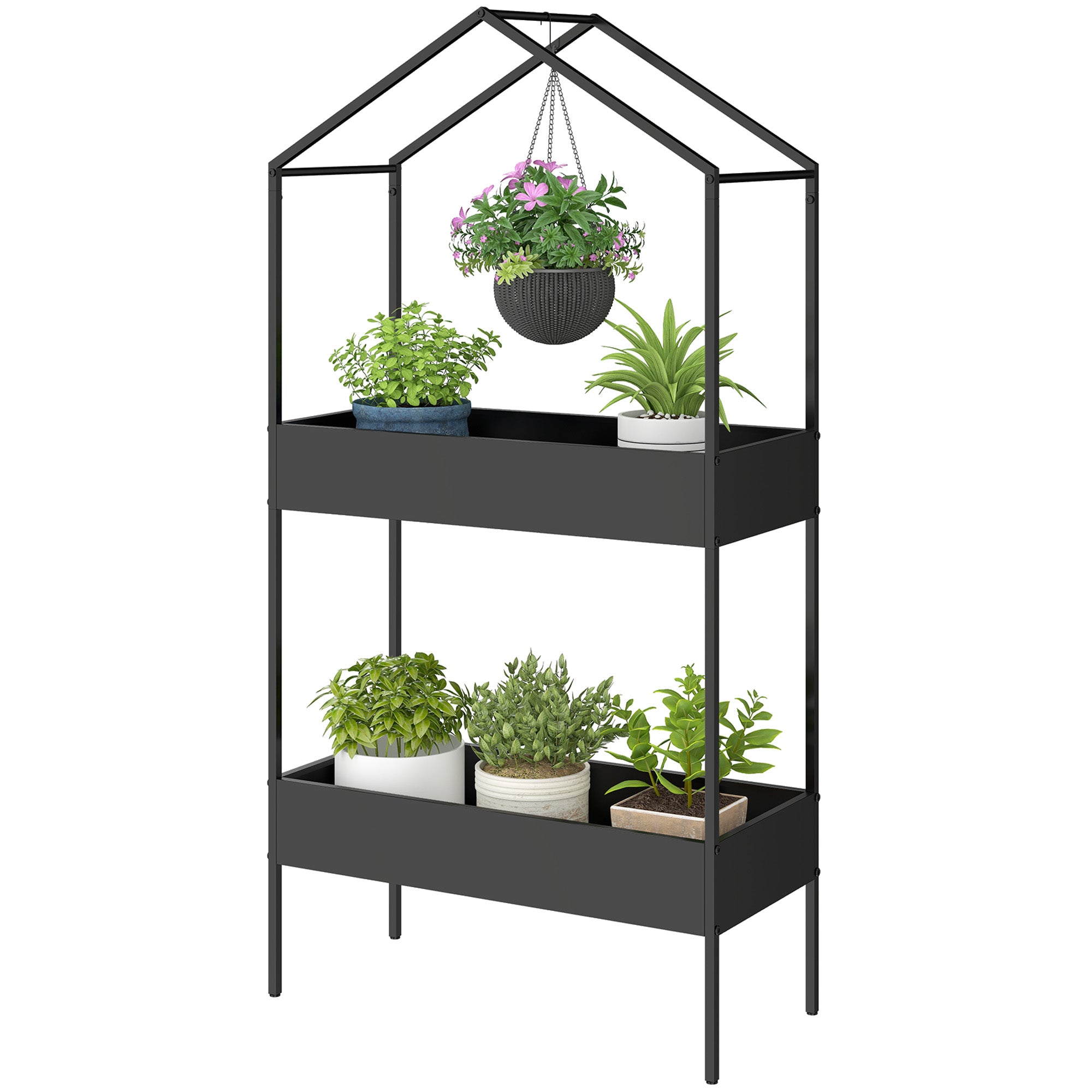 2-Tier House-Shaped Plant Stand with Hook, 150 cm (59 in) High, Metal Pot Shelves for Garden, Balcony & Home, Black