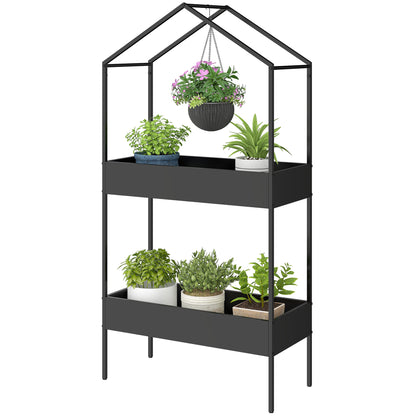 2-Tier House-Shaped Plant Stand with Hook, 150 cm (59 in) High, Metal Pot Shelves for Garden, Balcony & Home, Black