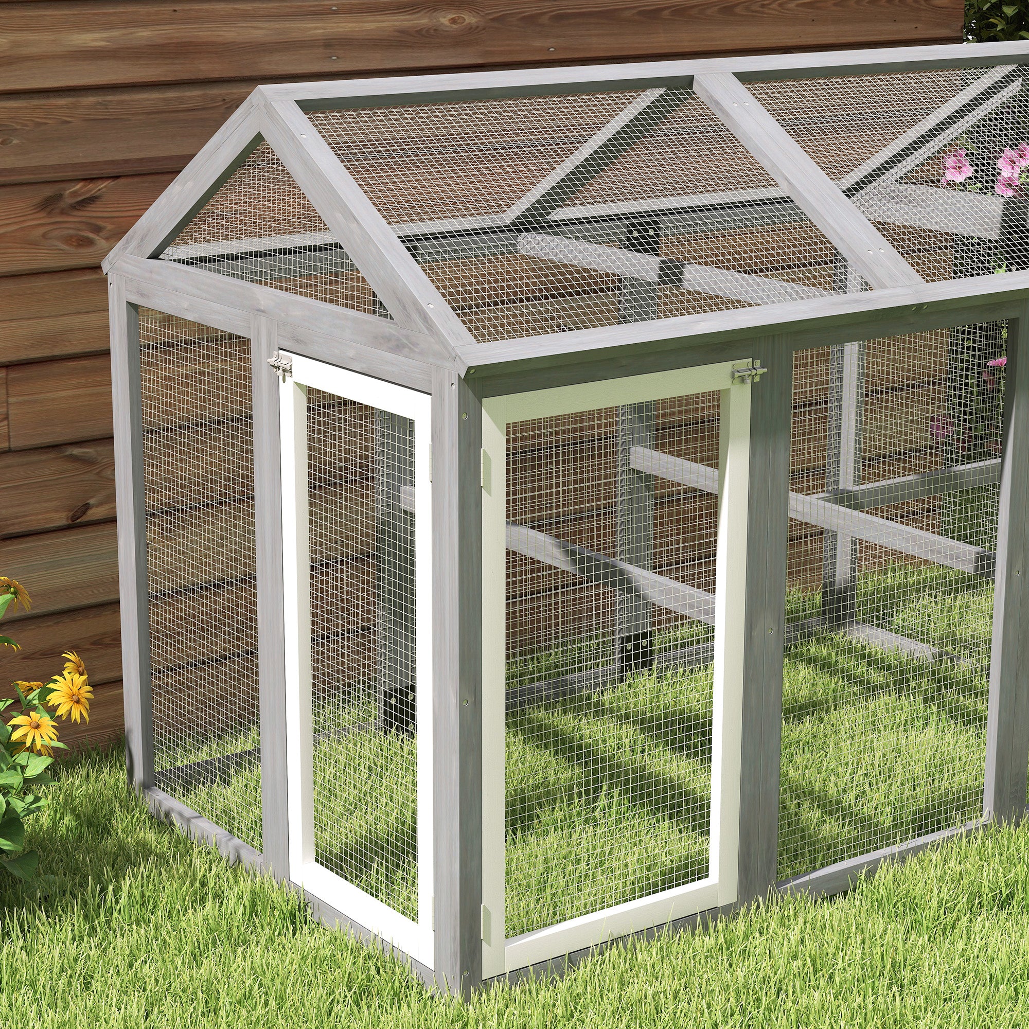 Outdoor Chicken Run, 12.7 sq ft (140 x 88.5 x 106 cm / 55.1 x 34.8 x 41.7 in), Lockable Doors, Solid Pine Frame, Wire Mesh Aviary for 1–3 Chickens, Gray