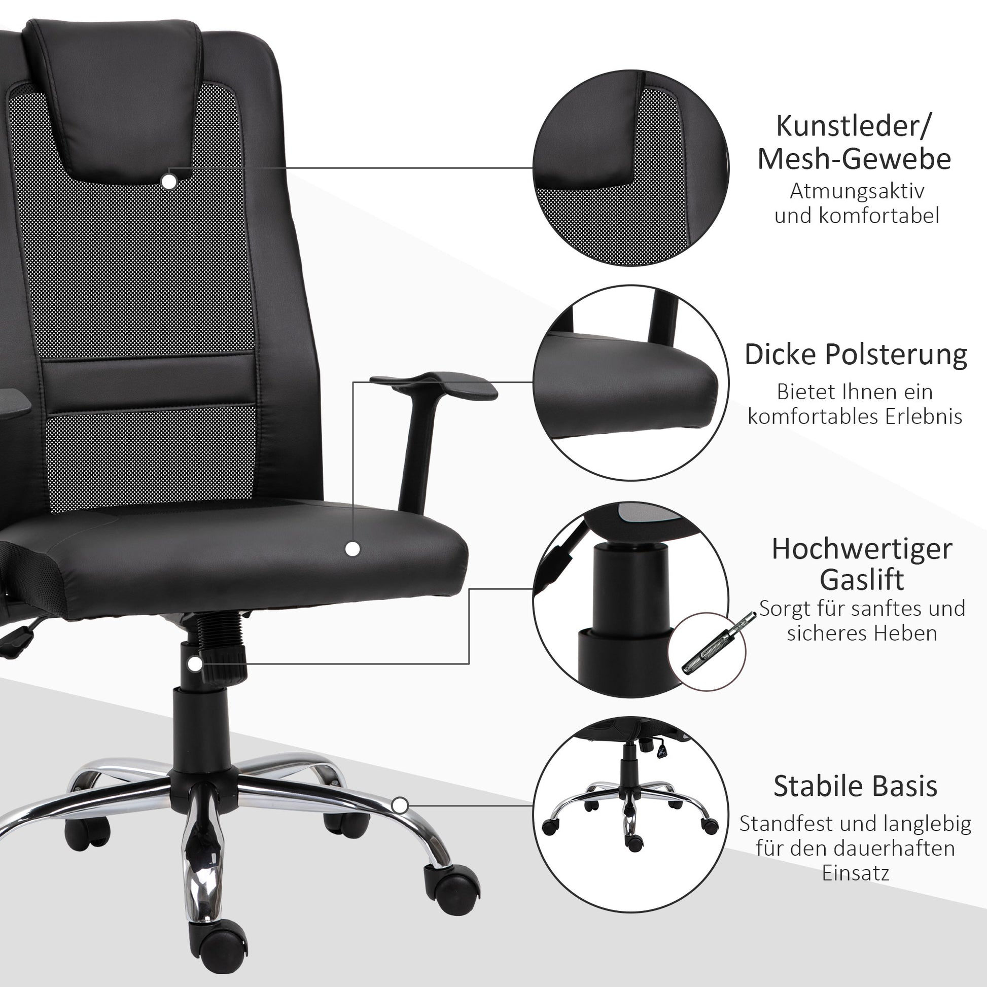 Office Chair Swivel Chair Height Adjustable Executive Chair Desk Chair Ergonomic PU Black 66 x 73 x 108-118 cm
