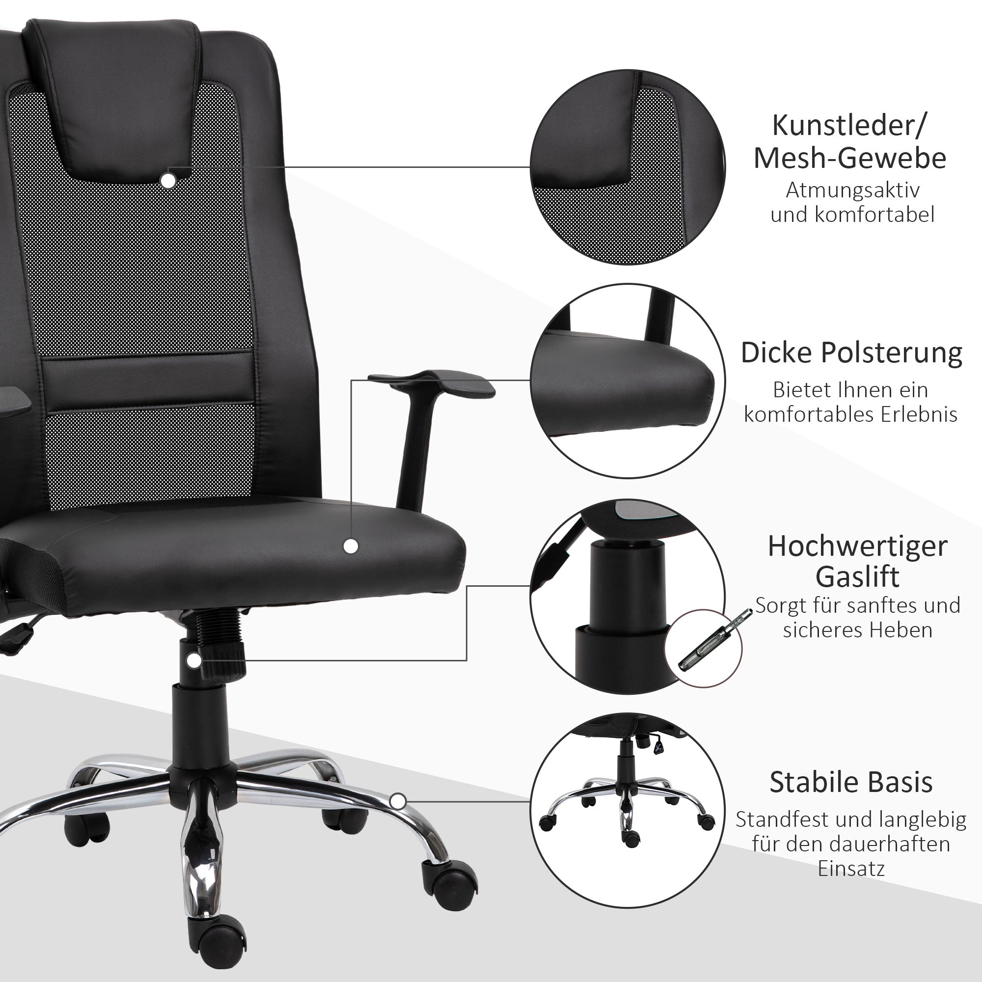 Office Chair Swivel Chair Height Adjustable Executive Chair Desk Chair Ergonomic PU Black 66 x 73 x 108-118 cm