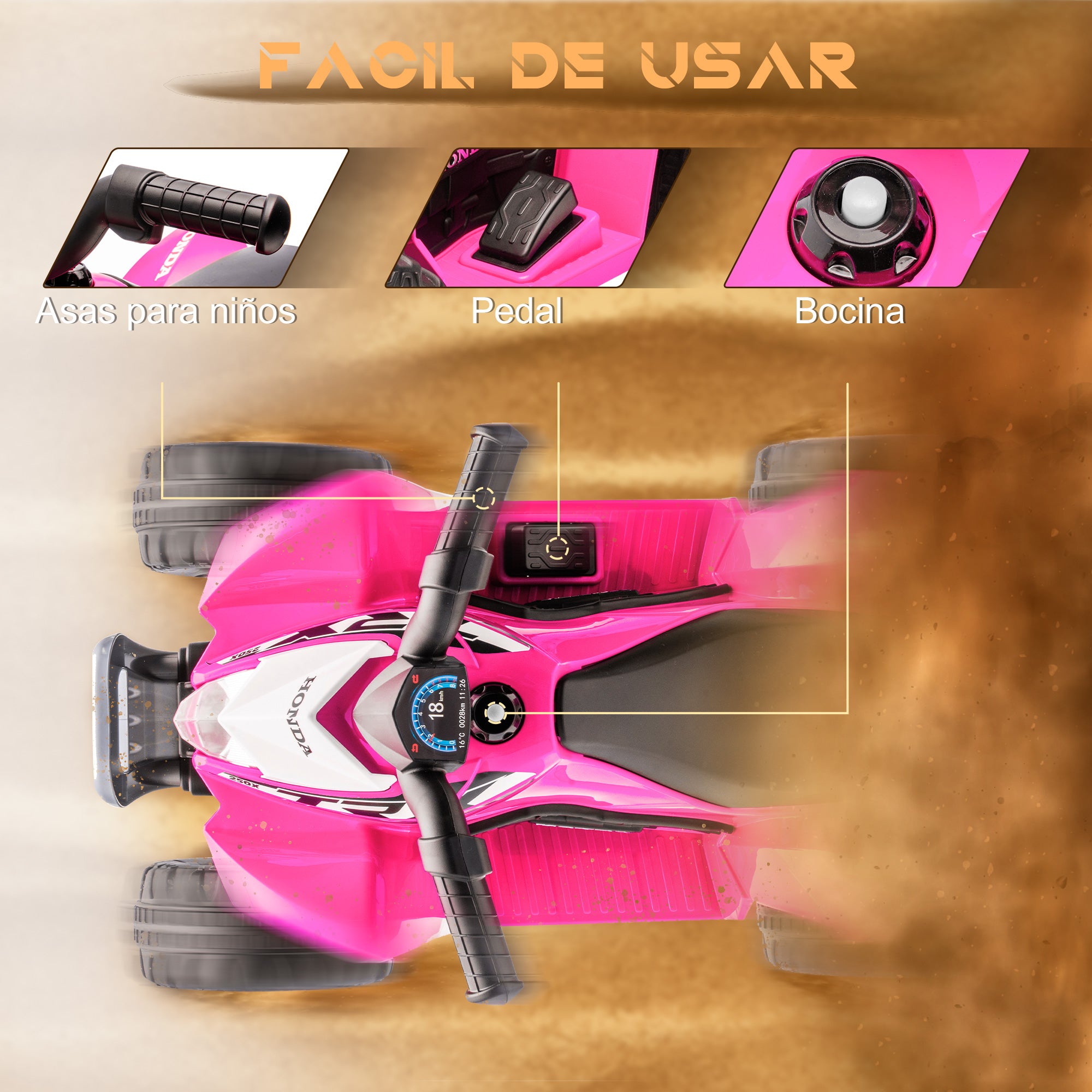 Electric Quad for Children aged 18-36 Months with HONDA License 6V Battery-powered Vehicle Kids with LED Headlights Horn Speed of 2.8 km/h and Forward 65.5x38.5x43.5 cm Pink