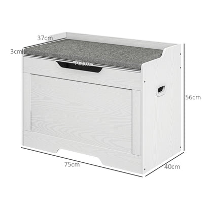 103L Storage Bench with Fabric Cushion, Multi-Functional Chest with Safety Hinge for Bedroom and Entryway, 75x40x56cm, White