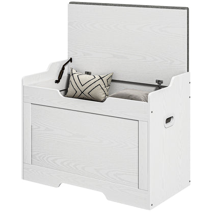 103L Storage Bench with Fabric Cushion, Multi-Functional Chest with Safety Hinge for Bedroom and Entryway, 75x40x56cm, White