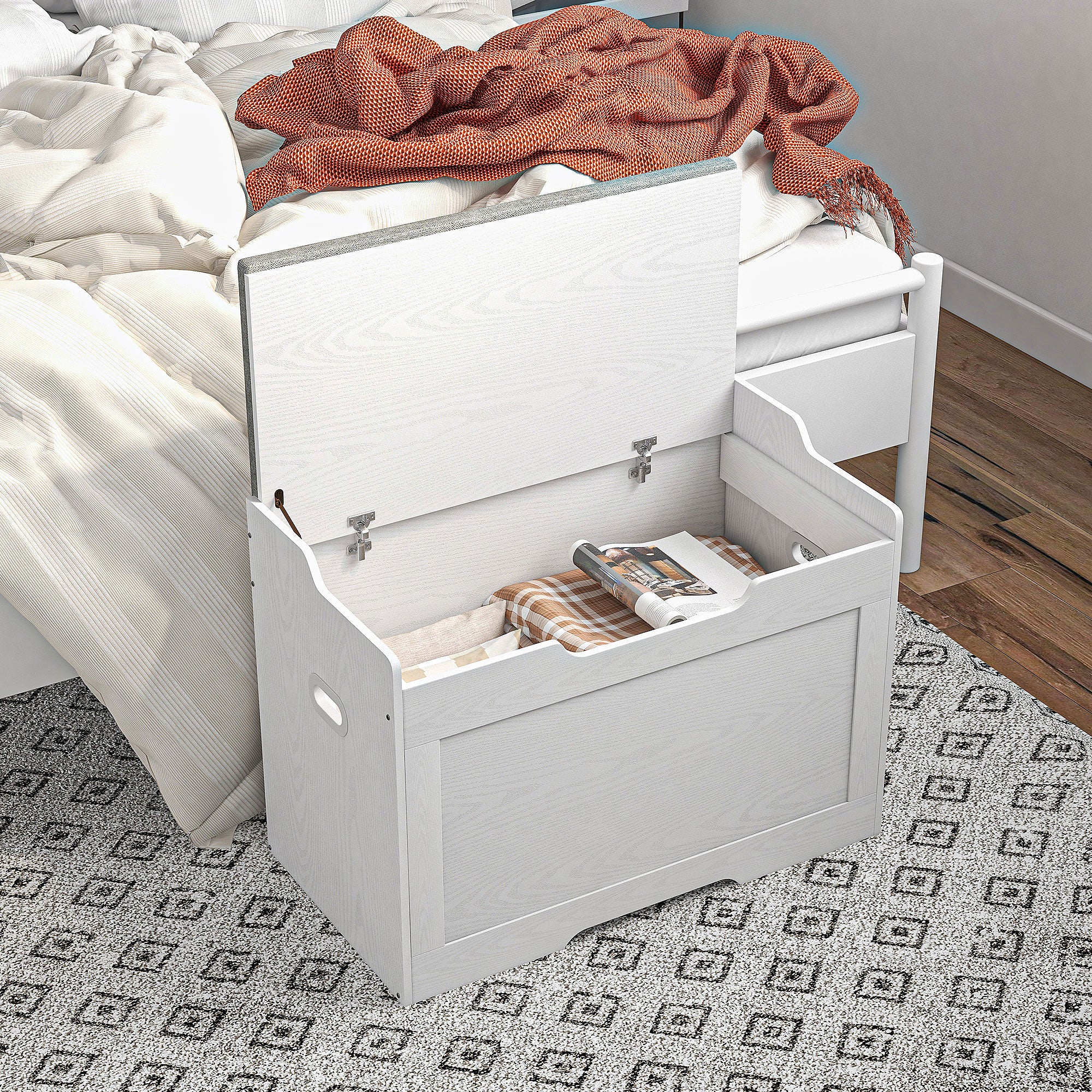 103L Storage Bench with Fabric Cushion, Multi-Functional Chest with Safety Hinge for Bedroom and Entryway, 75x40x56cm, White