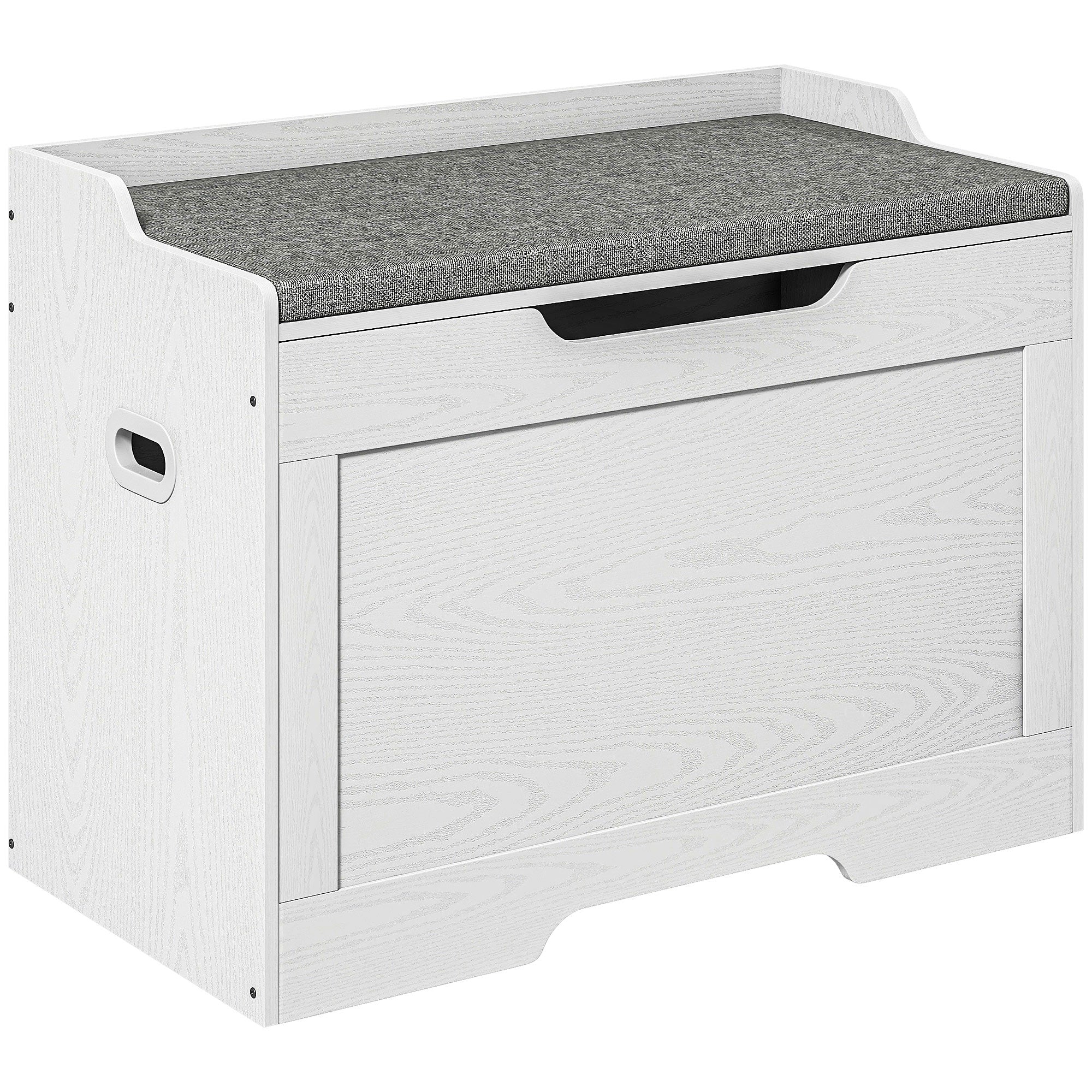103L Storage Bench with Fabric Cushion, Multi-Functional Chest with Safety Hinge for Bedroom and Entryway, 75x40x56cm, White