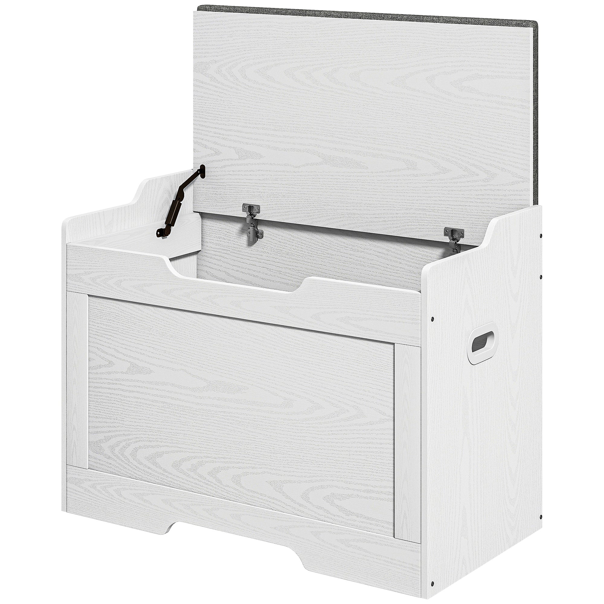 103L Storage Bench with Fabric Cushion, Multi-Functional Chest with Safety Hinge for Bedroom and Entryway, 75x40x56cm, White
