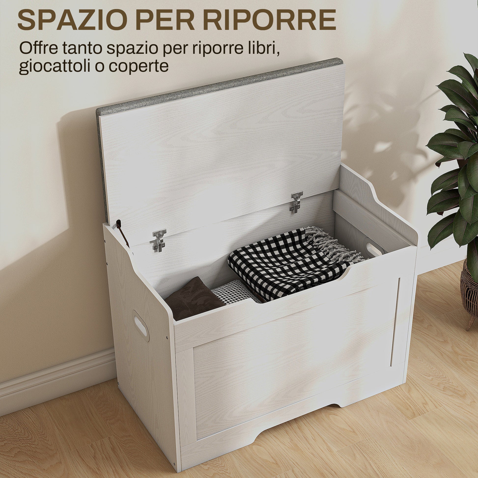 103L Storage Bench with Fabric Cushion, Multi-Functional Chest with Safety Hinge for Bedroom and Entryway, 75x40x56cm, White