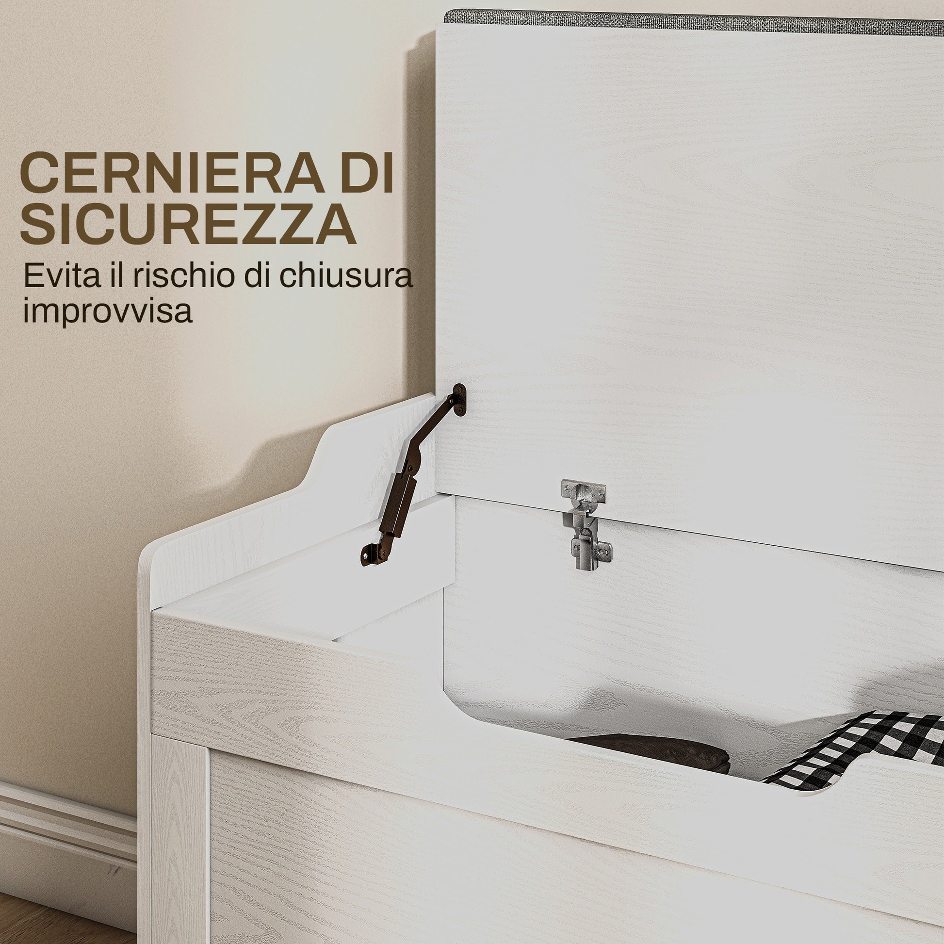 103L Storage Bench with Fabric Cushion, Multi-Functional Chest with Safety Hinge for Bedroom and Entryway, 75x40x56cm, White