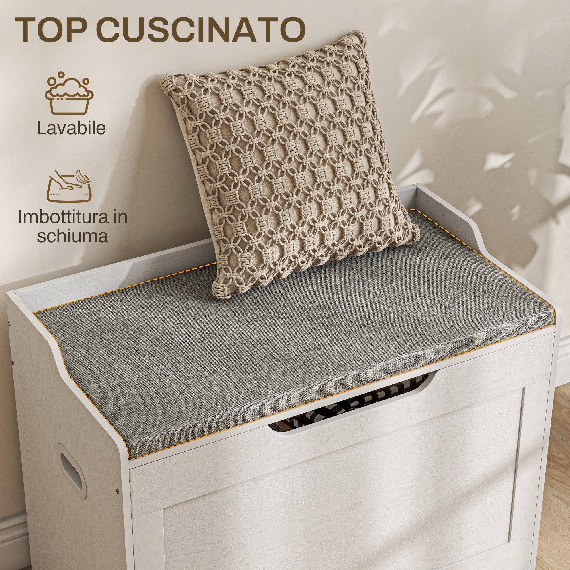 103L Storage Bench with Fabric Cushion, Multi-Functional Chest with Safety Hinge for Bedroom and Entryway, 75x40x56cm, White