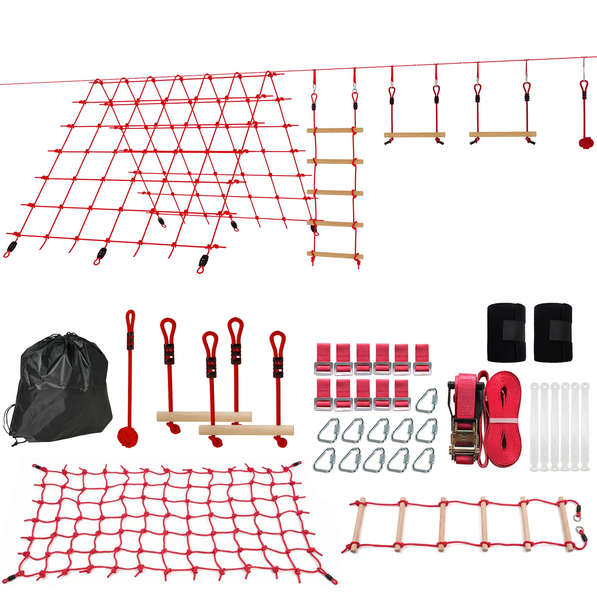 Ninja Line Kids 33 ft (10 m) Slackline Play Set — Rings, Swing, Ladder & Climbing Net — Outdoor Playset for Ages 3–6, Red