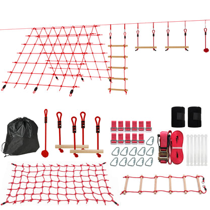 Ninja Line Kids 33 ft (10 m) Slackline Play Set — Rings, Swing, Ladder & Climbing Net — Outdoor Playset for Ages 3–6, Red