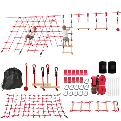 Ninja Line Kids 33 ft (10 m) Slackline Play Set — Rings, Swing, Ladder & Climbing Net — Outdoor Playset for Ages 3–6, Red