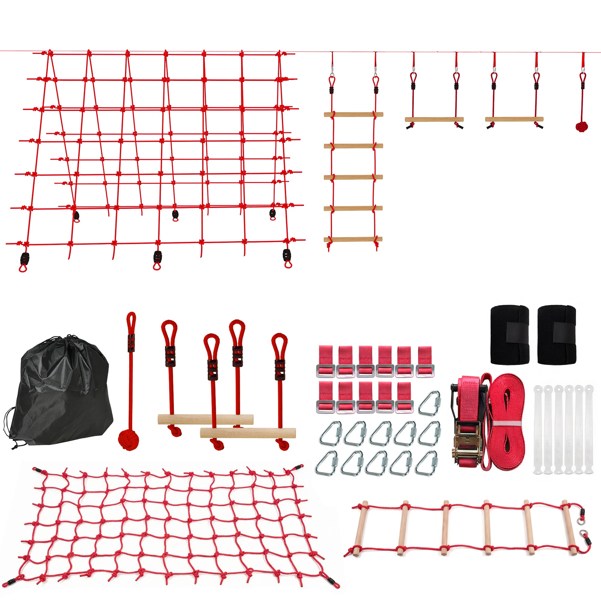 Ninja Line Kids 33 ft (10 m) Slackline Play Set — Rings, Swing, Ladder & Climbing Net — Outdoor Playset for Ages 3–6, Red