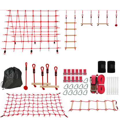 Ninja Line Kids 33 ft (10 m) Slackline Play Set — Rings, Swing, Ladder & Climbing Net — Outdoor Playset for Ages 3–6, Red