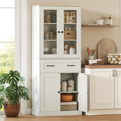 Kitchen Pantry Cabinet, Storage Cupboard with 2 Acrylic Doors, Large Drawer & Adjustable Shelves for Dining Room, 76 x 40 x 182.5 cm (29.9 x 15.7 x 71.9 in), Cream
