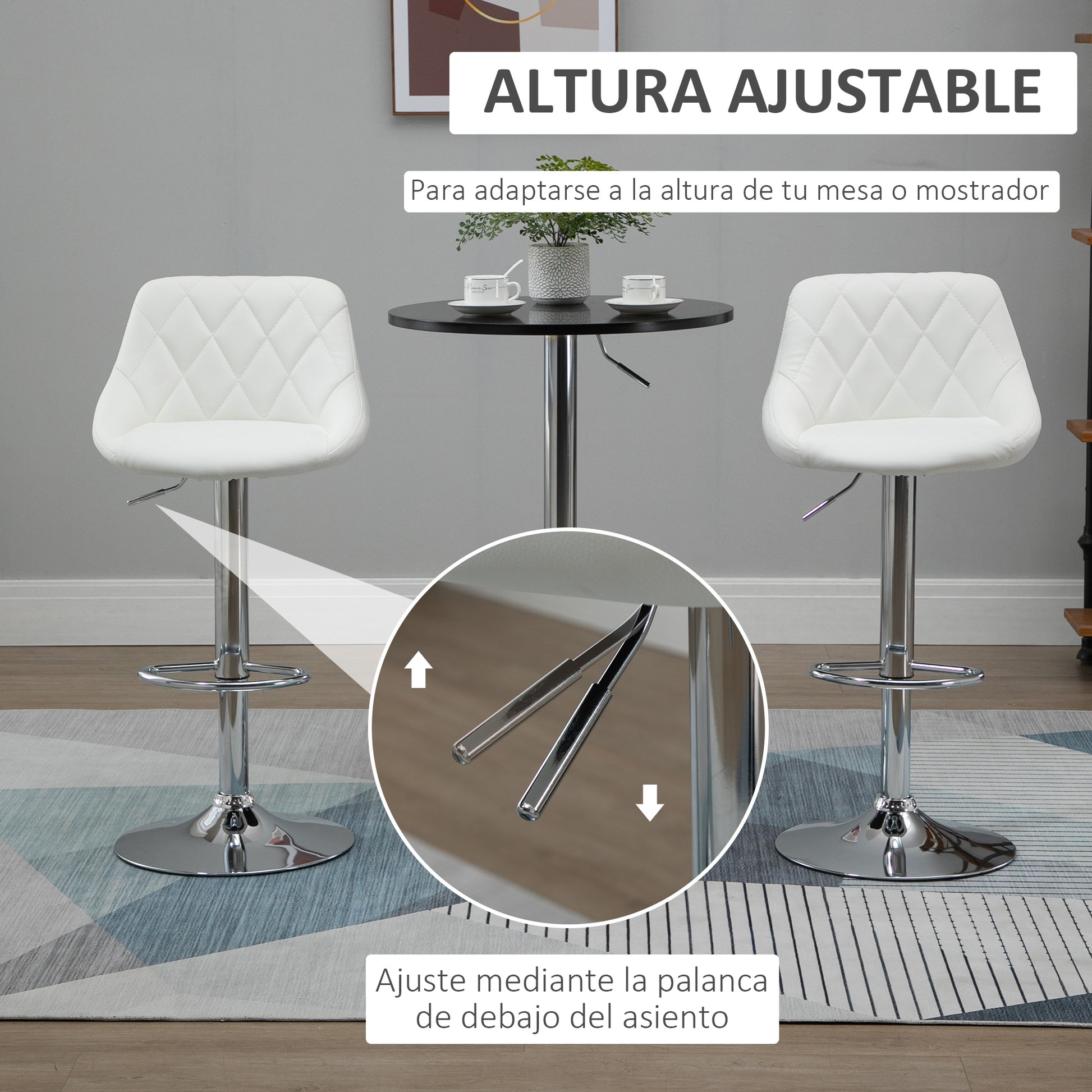 Set of 2 Swivel Bar Stools with Adjustable Height Modern High Dining Chairs with Round Base and Footrest 46x48x83-104 cm White