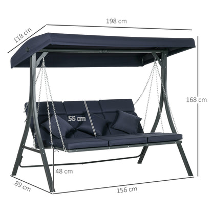 3-Seater Hollywood Swing, Swing Bench with Adjustable Sunshade, Garden Swing with Cushions, up to 270 kg Capacity, Metal, Texteline, Dark Blue, 198 x 118 x 168 cm