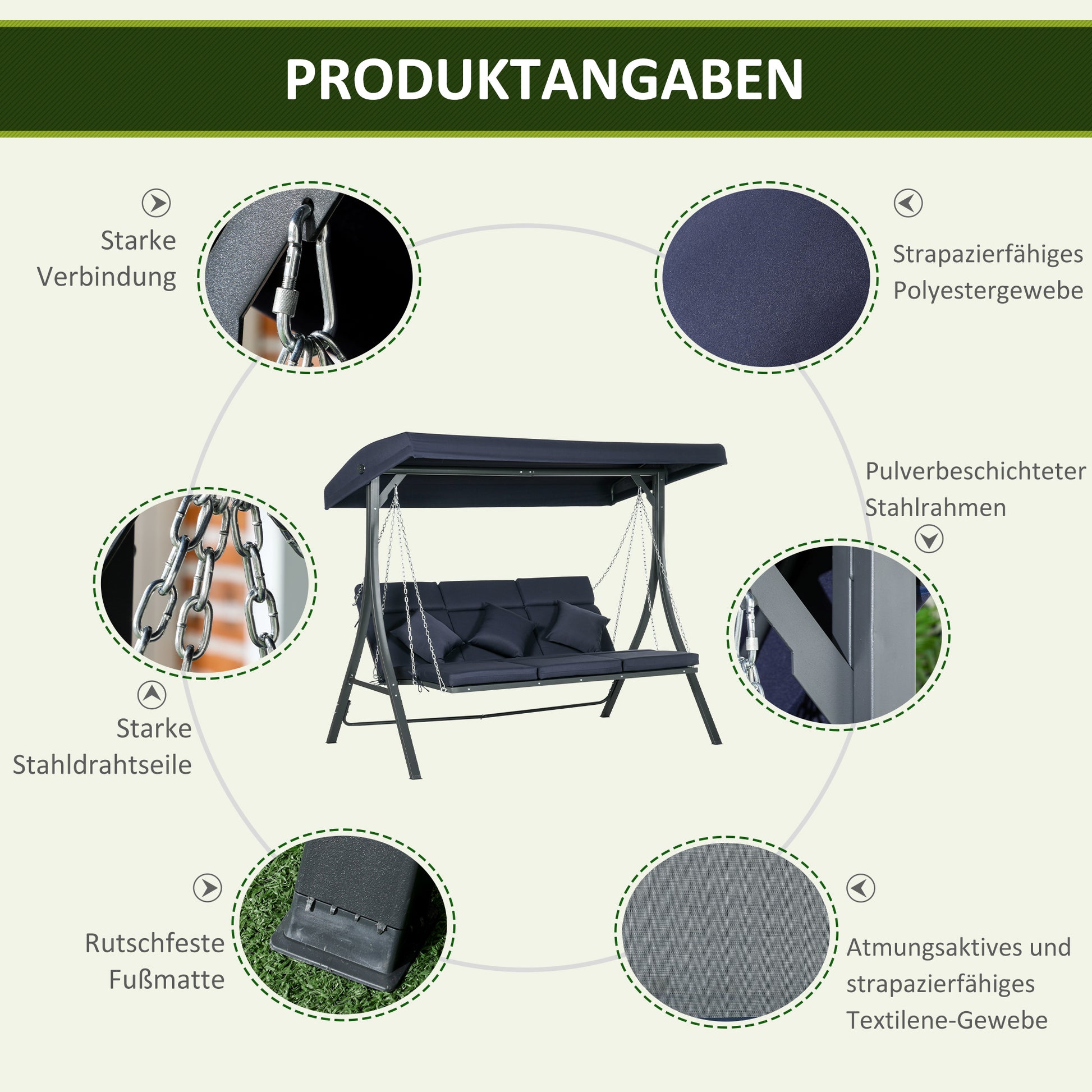 3-Seater Hollywood Swing, Swing Bench with Adjustable Sunshade, Garden Swing with Cushions, up to 270 kg Capacity, Metal, Texteline, Dark Blue, 198 x 118 x 168 cm