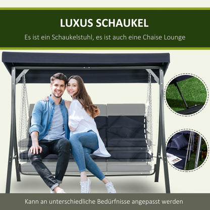 3-Seater Hollywood Swing, Swing Bench with Adjustable Sunshade, Garden Swing with Cushions, up to 270 kg Capacity, Metal, Texteline, Dark Blue, 198 x 118 x 168 cm