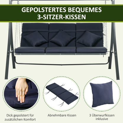 3-Seater Hollywood Swing, Swing Bench with Adjustable Sunshade, Garden Swing with Cushions, up to 270 kg Capacity, Metal, Texteline, Dark Blue, 198 x 118 x 168 cm