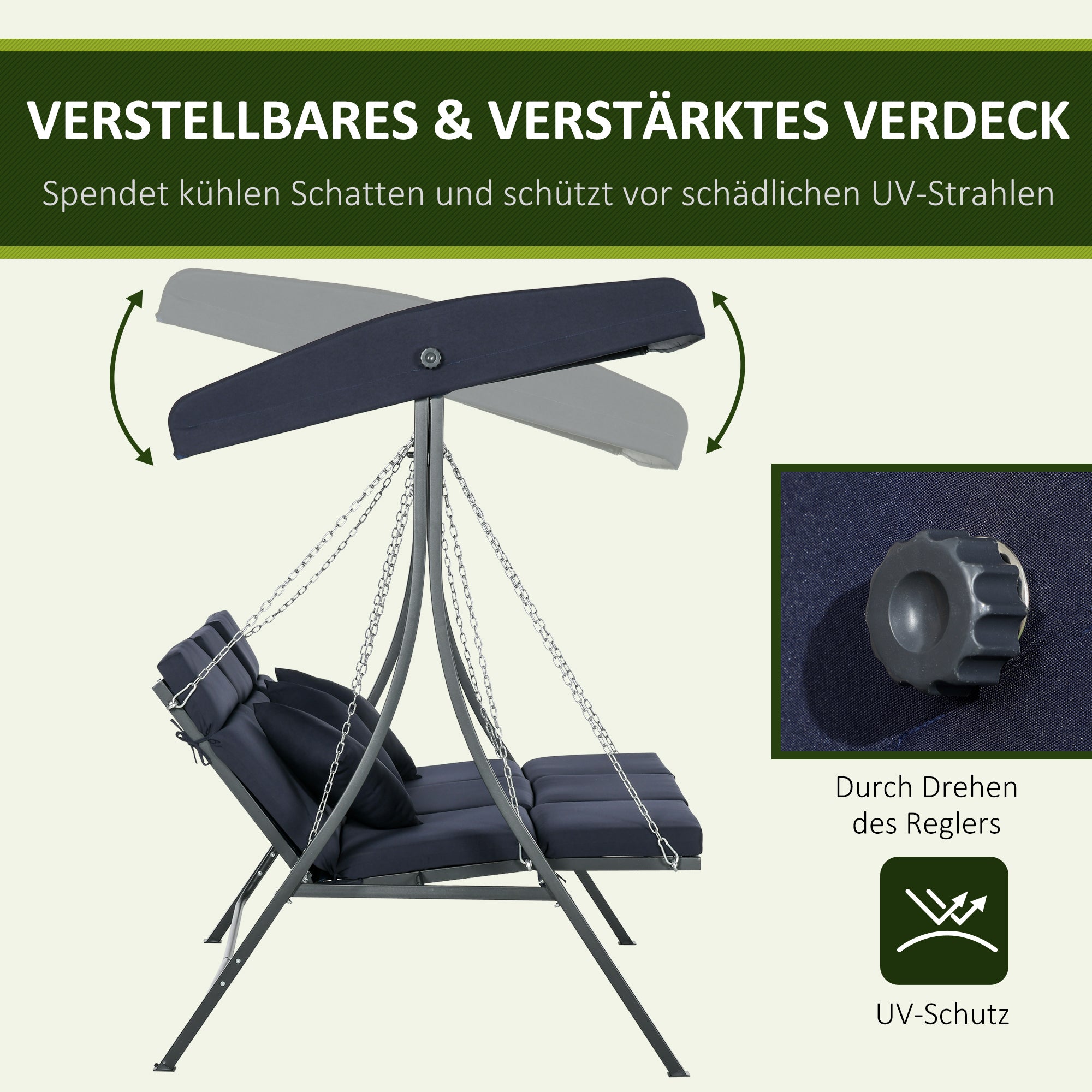 3-Seater Hollywood Swing, Swing Bench with Adjustable Sunshade, Garden Swing with Cushions, up to 270 kg Capacity, Metal, Texteline, Dark Blue, 198 x 118 x 168 cm
