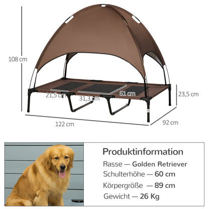 Elevated Dog Bed with Canopy, Pet Bed, Outdoor Dog Lounger with Roof, Breathable, Taft Fabric for Camping Coffee 122 x 92 x 108 cm