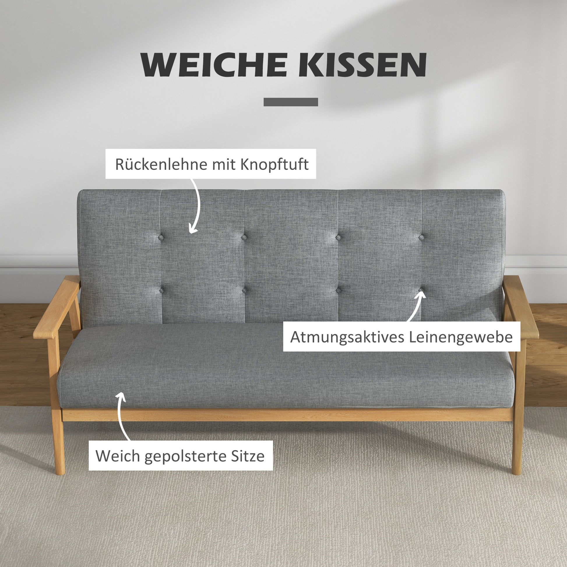 3-Seater Sofa, Couch with Armrests, Back Cushions, Living Room Sofa with Linen Look, Upholstered Sofa for Living Room, Bedroom 154.5 x 69.5 x 73 cm, Dark Gray