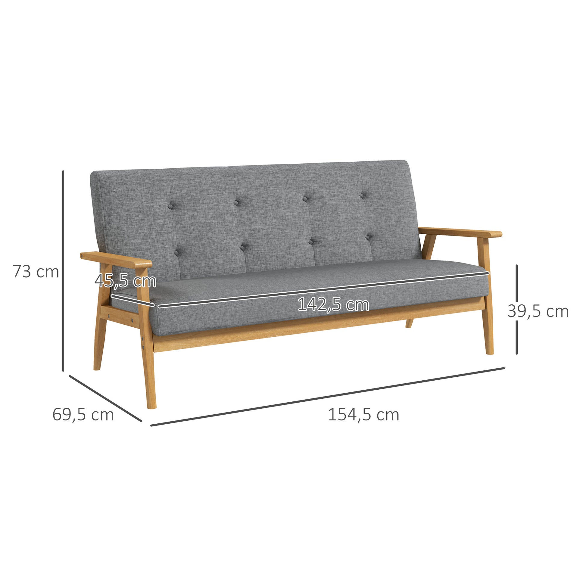 3-Seater Sofa, Couch with Armrests, Back Cushions, Living Room Sofa with Linen Look, Upholstered Sofa for Living Room, Bedroom 154.5 x 69.5 x 73 cm, Dark Gray