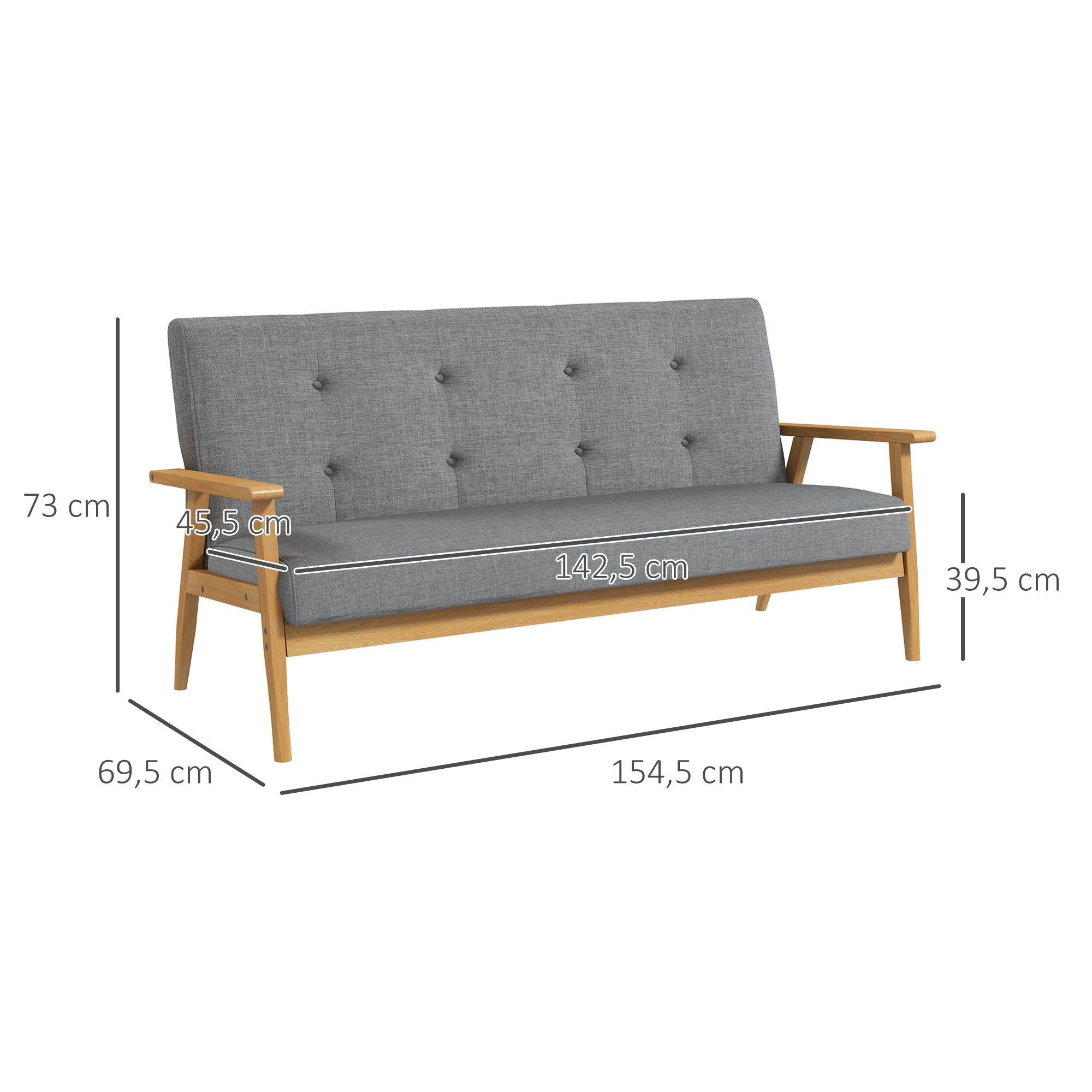3-Seater Sofa, Couch with Armrests, Back Cushions, Living Room Sofa with Linen Look, Upholstered Sofa for Living Room, Bedroom 154.5 x 69.5 x 73 cm, Dark Gray