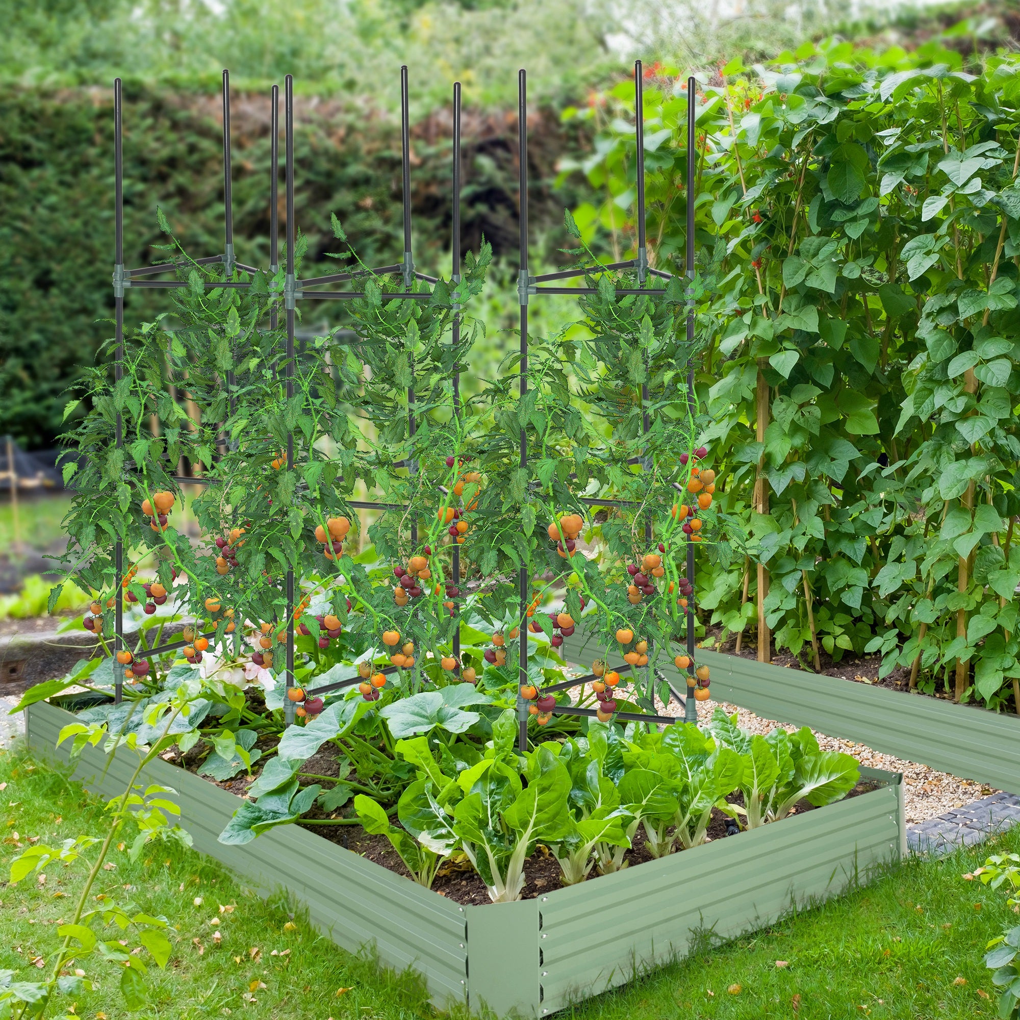 Plant Support 3-Piece Set, Plant Holder with 3 Levels, Garden Plant Support Stakes, Trellis, Tomato Cage for Climbing Plants, Steel, Green, 38 x 38 x 182 cm