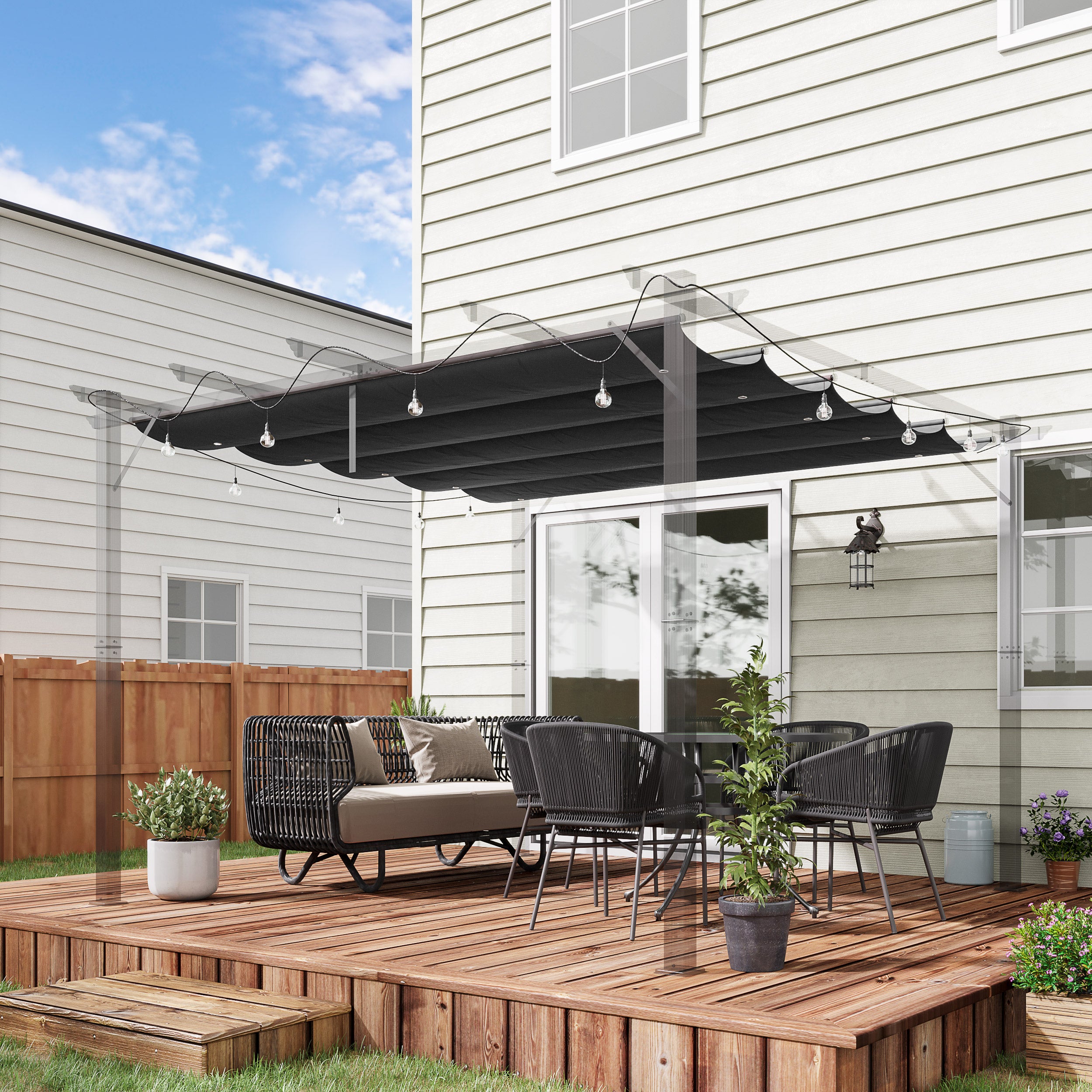 Replacement Canopy for 3 x 3 m Pergola, Waterproof Retractable Wave Roof with Rain Drainage Holes, Winterproof Shade Cover for Garden, Patio, Dark Gray