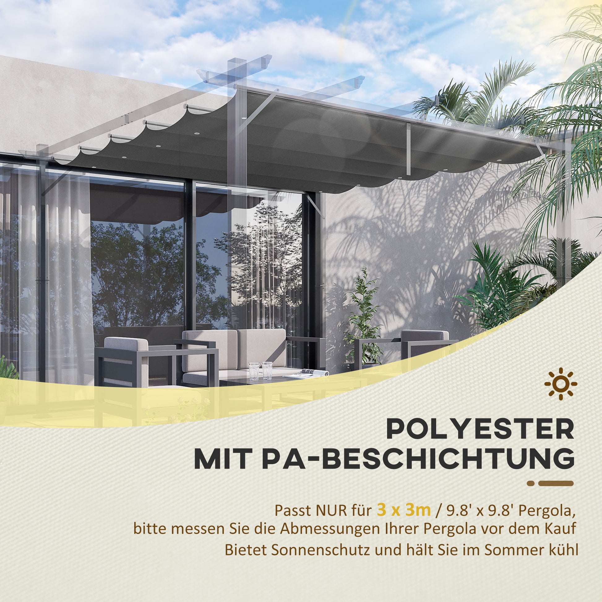 Replacement Canopy for 3 x 3 m Pergola, Waterproof Retractable Wave Roof with Rain Drainage Holes, Winterproof Shade Cover for Garden, Patio, Dark Gray