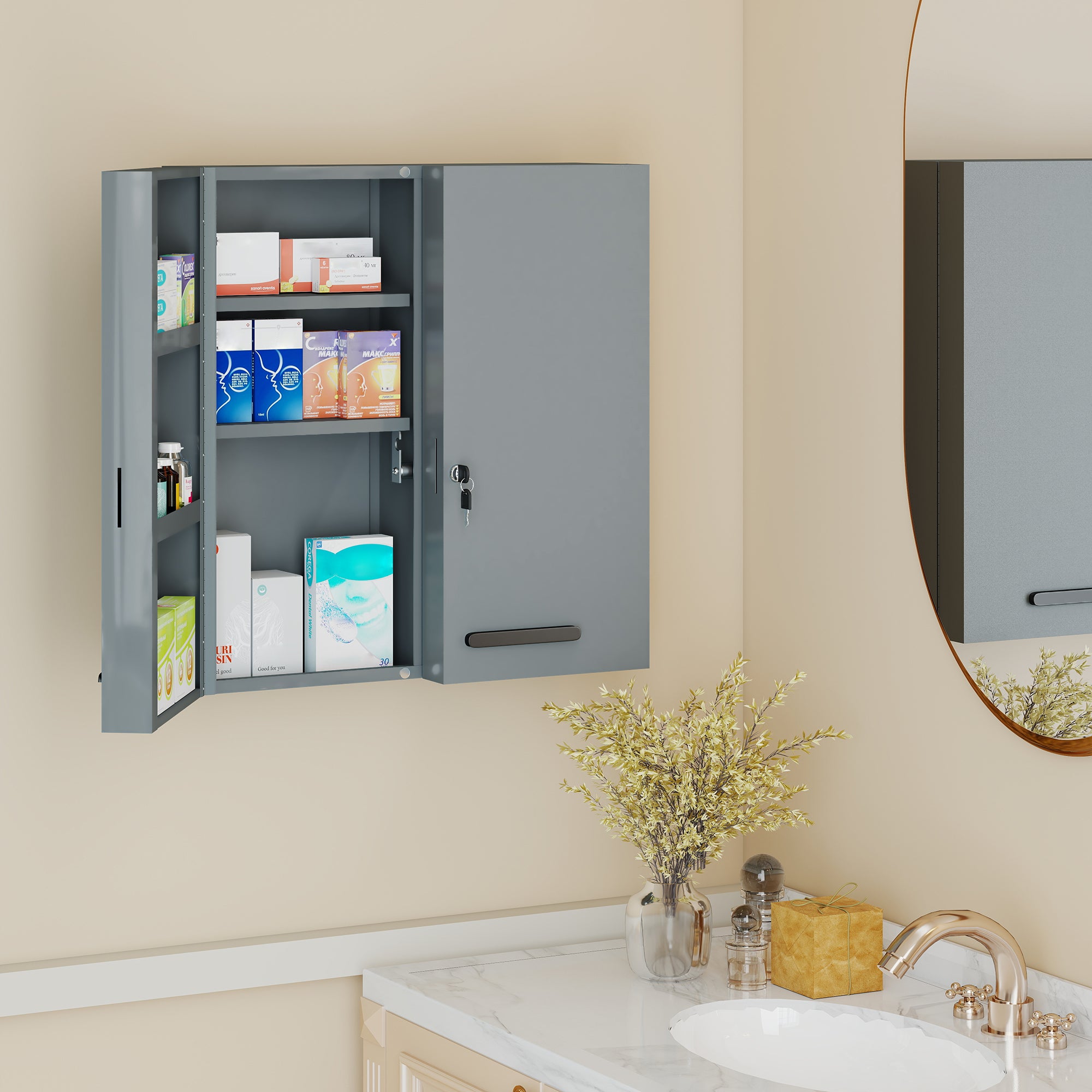 Lockable Medicine Cabinet — 2-Door Steel First-Aid Cabinet with 6 Shelves, Charcoal Gray (21.7 x 7.1 x 23.6 in)