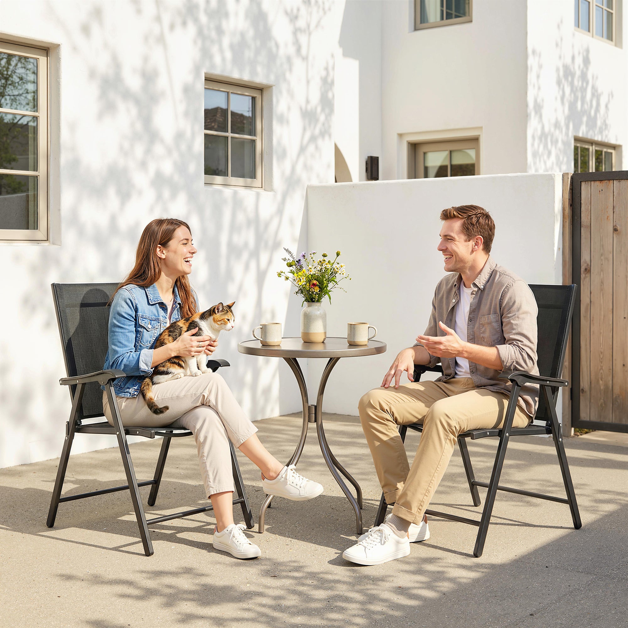 2-Pack Folding Garden Chairs, Foldable with High Back & Armrests for Garden, Balcony, Terrace — Steel Frame, Black Texteline, 22.8" x 24.4" x 38.2" (58 x 62 x 97 cm)