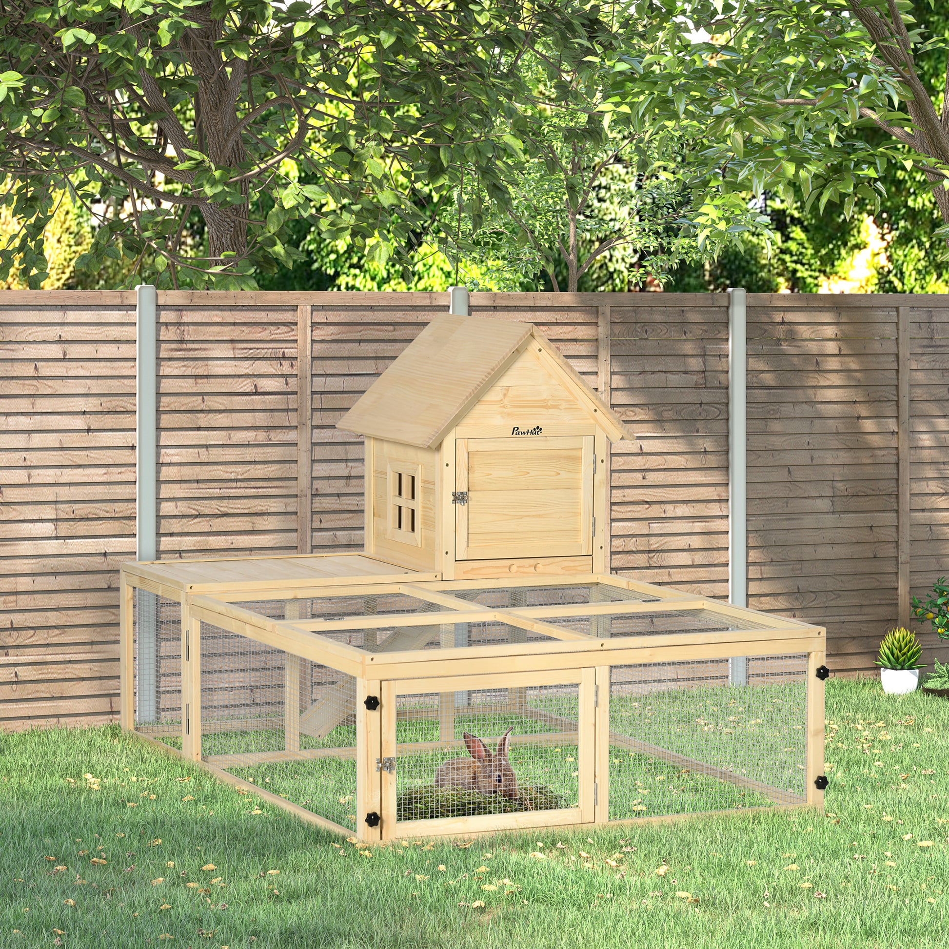 Wooden Rabbit Hutch Enclosure Pet Villa 2 Levels with Running Area Ramp and Lockable Doors 151.5 x 106 x 97 cm
