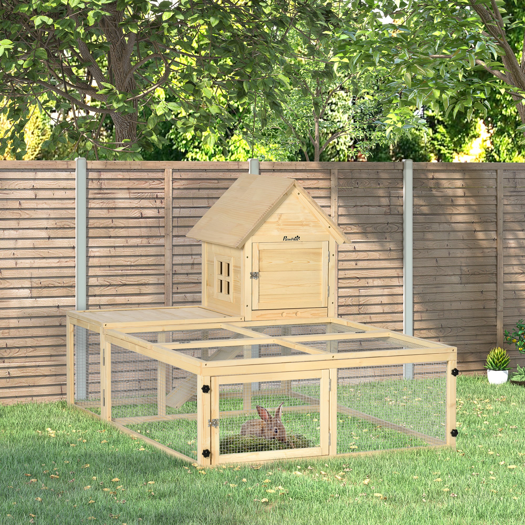 Wooden Rabbit Hutch Enclosure Pet Villa 2 Levels with Running Area Ramp and Lockable Doors 151.5 x 106 x 97 cm
