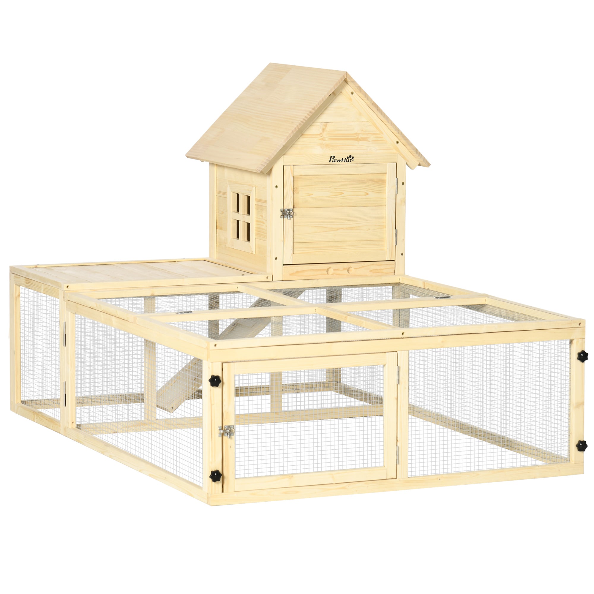 Wooden Rabbit Hutch Enclosure Pet Villa 2 Levels with Running Area Ramp and Lockable Doors 151.5 x 106 x 97 cm