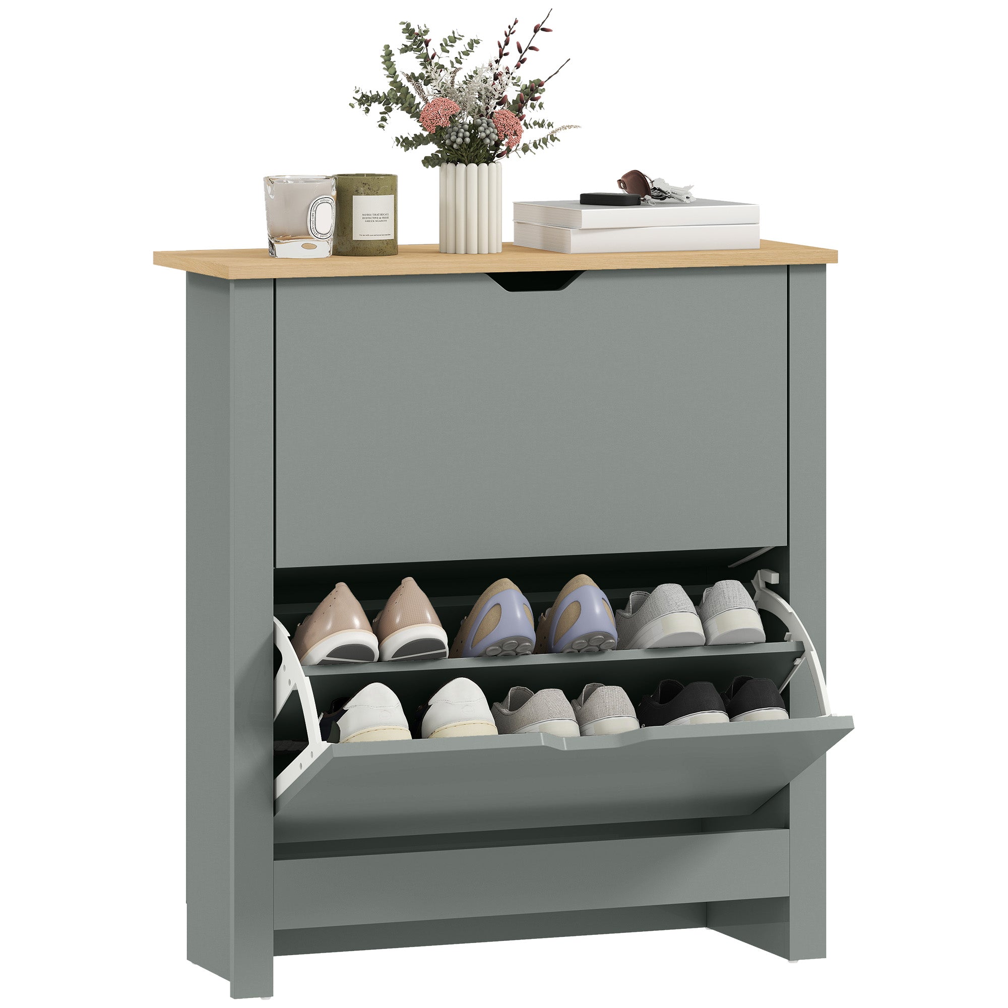 Shoe Cabinet with 2 Flip Drawers – Slim Shoe Rack with Adjustable Divider for up to 12 Pairs, 28.3 x 10.2 x 31.5 in, Light Gray