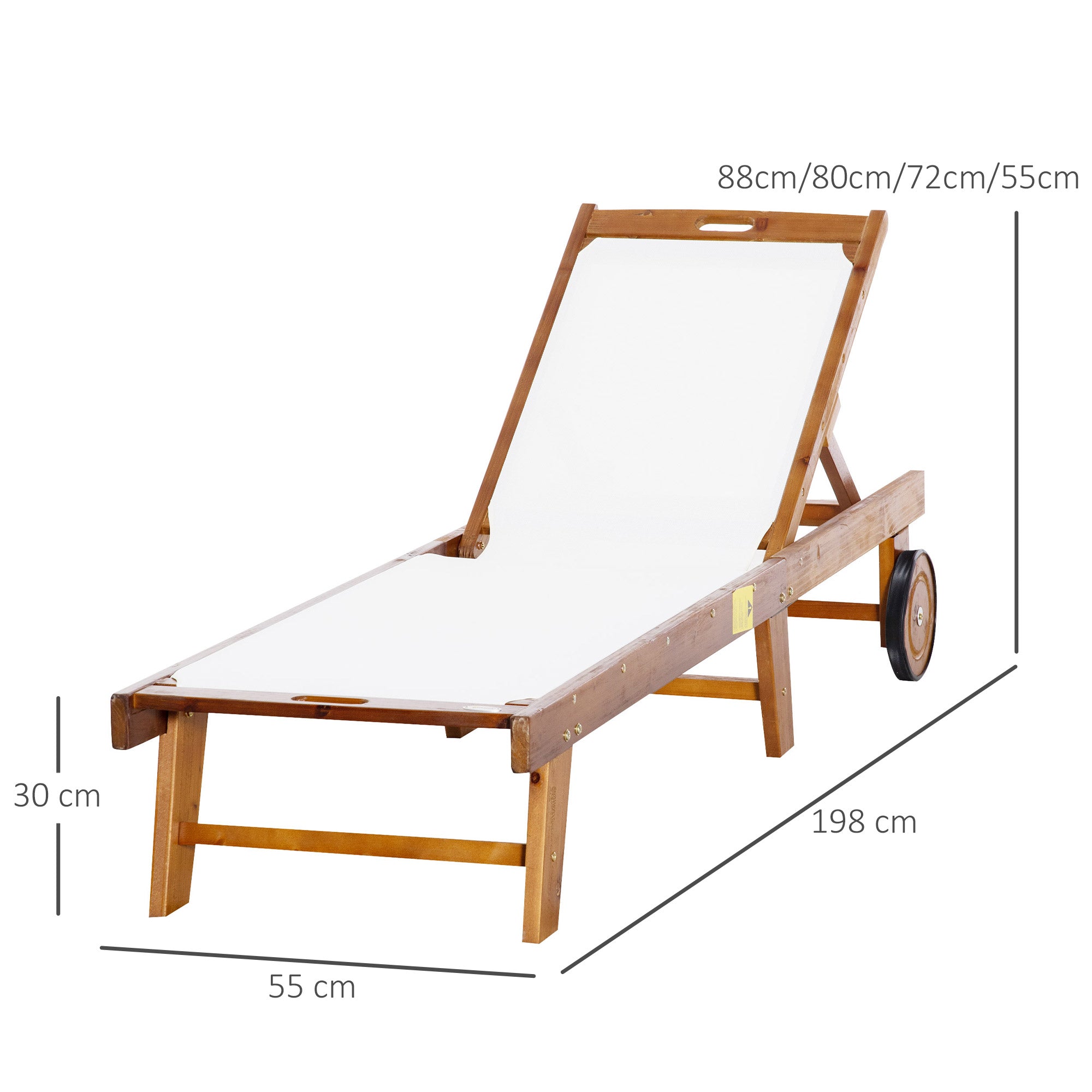 Garden Sun Lounger with Adjustable Backrest with Wheels in Acacia Wood 198x60x88/80/69/45cm